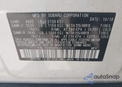2019 Subaru Outback 2.5I Limited из США, поврежденный, VIN 4S4BSANC4K3237647